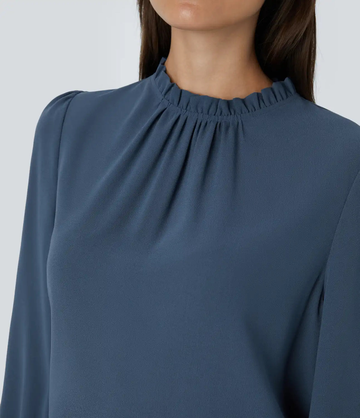 Frill Round Neck Keyhole Back Long Sleeve Work Blouse
