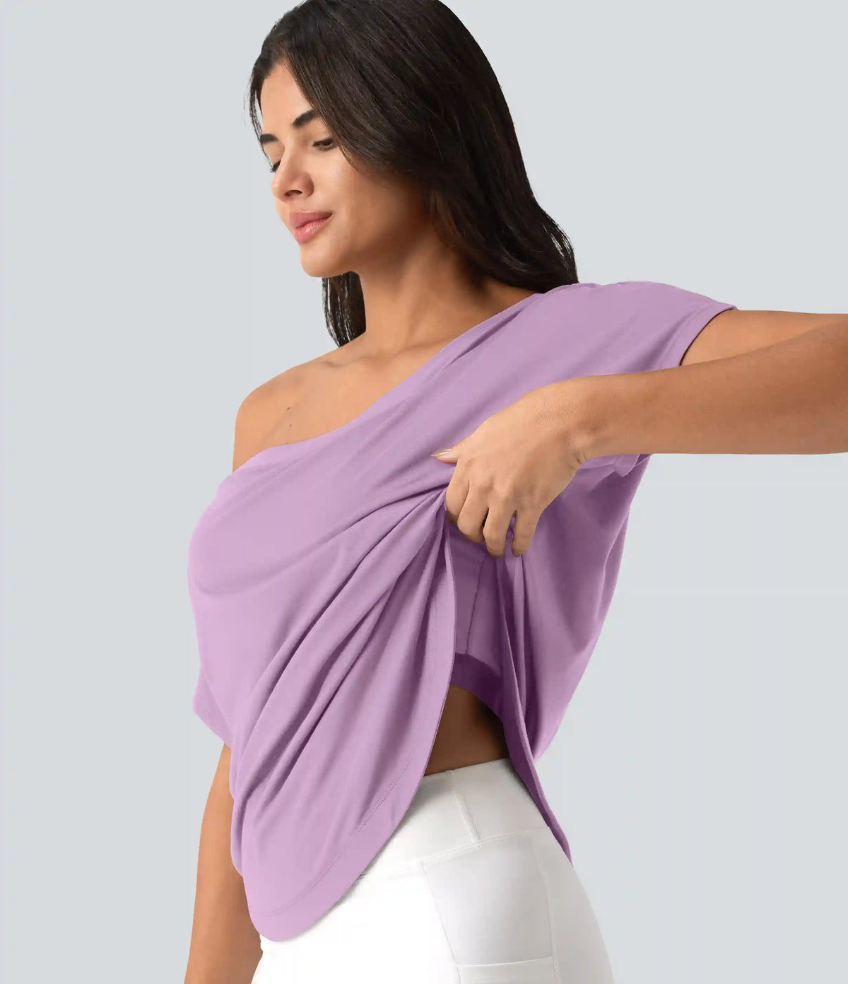 One Shoulder Short Sleeve Curved Hem High Low Quick Dry Yoga Sports Top-Built-in Bra