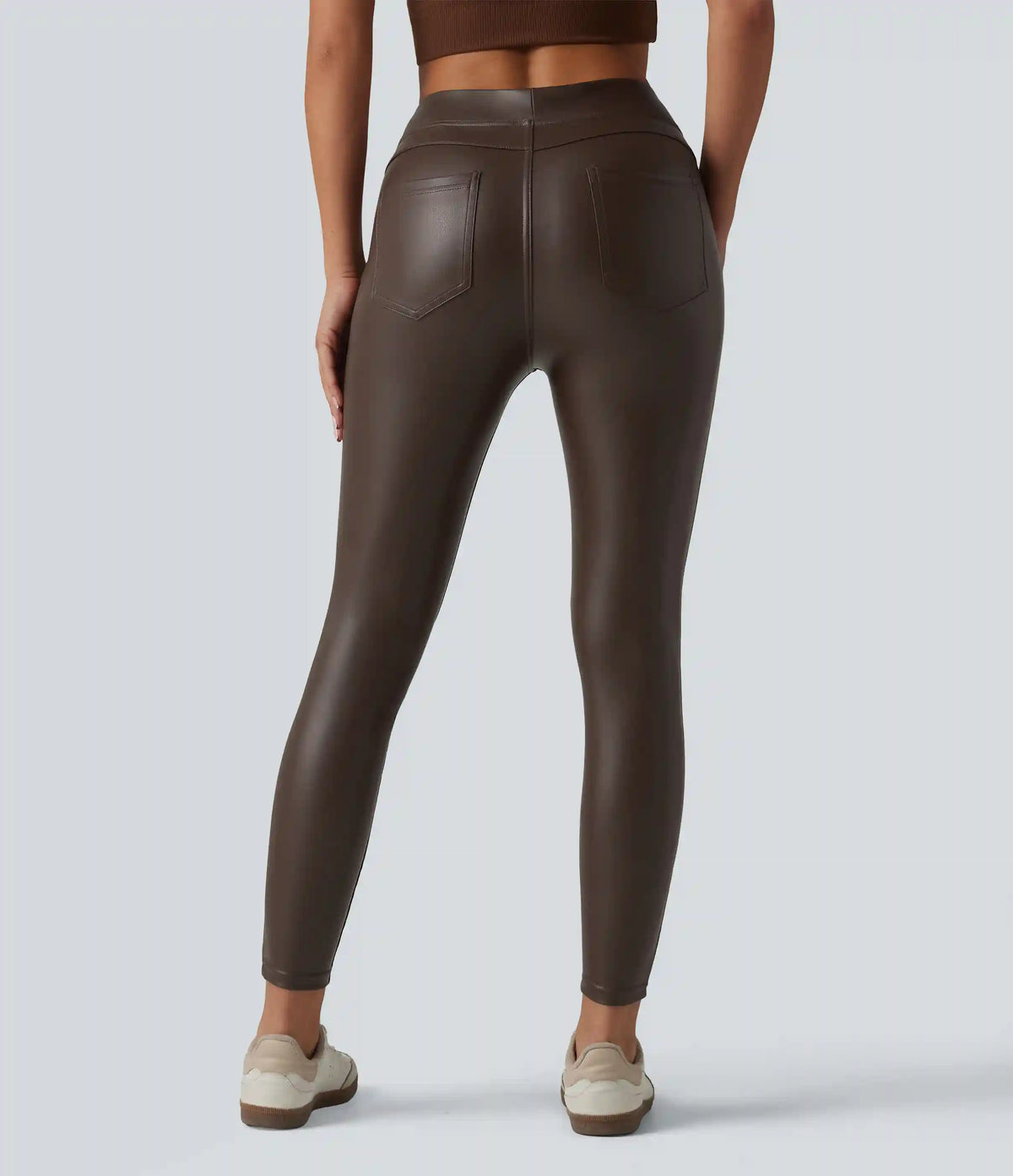 High Waisted Stretchy PU Casual Skinny Pants with Pockets