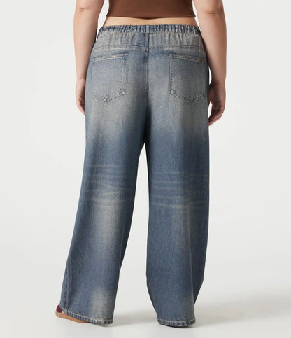 Plus Size Mid Rise Denim Print French Terry Casual Sweatpants Jeans with Pockets