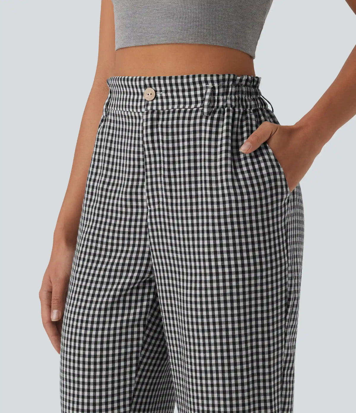 High Waisted Cropped Plaid Casual Linen-Feel Pants with Pockets