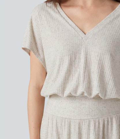 Ribbed Knit V-neck Short Sleeve 2-in-1 Mini Casual Linen-Blend Flowy Dress