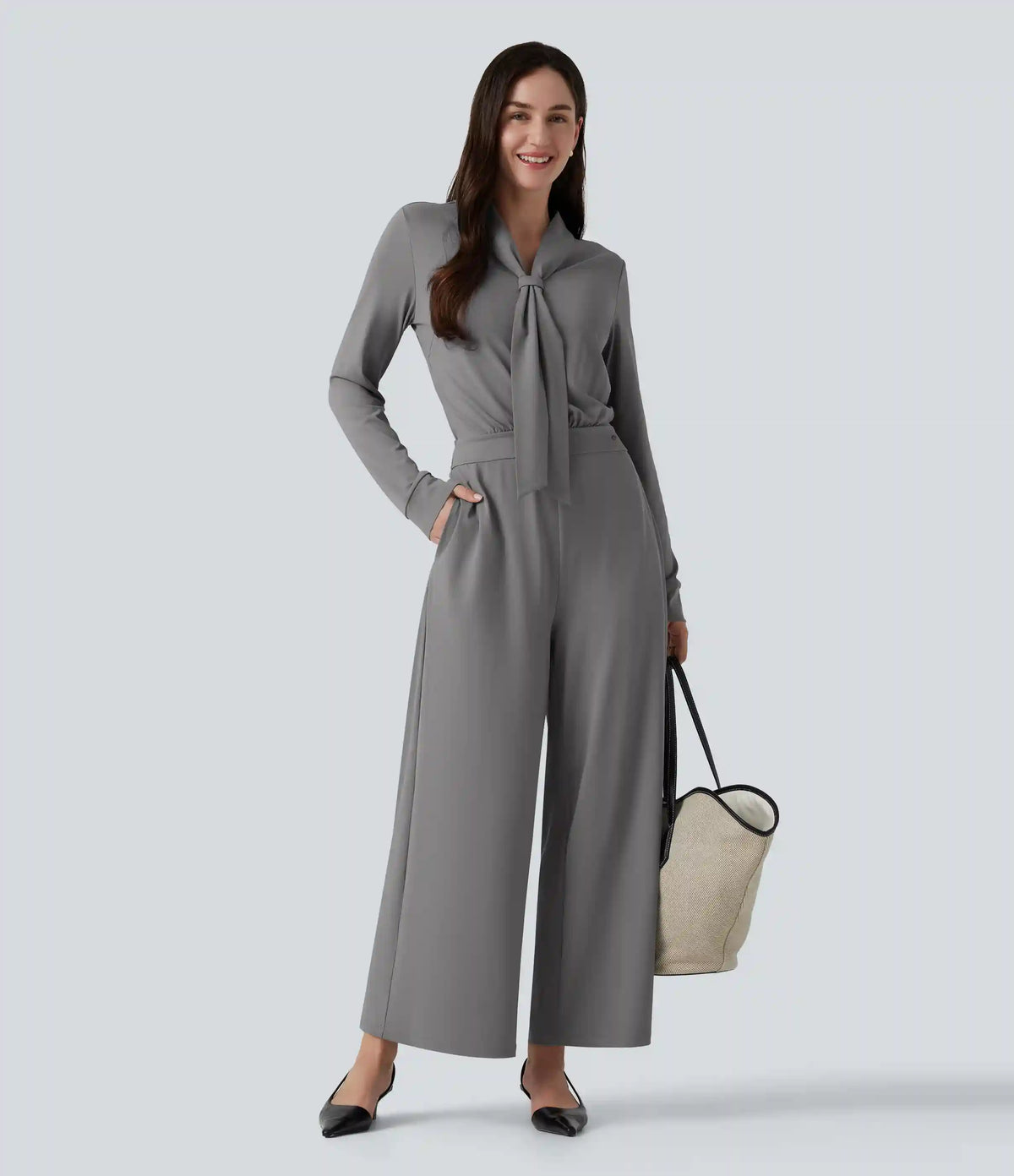 V Neck Long Sleeve Wide Leg Work Jumpsuit with Pockets-Easy Peezy Edition