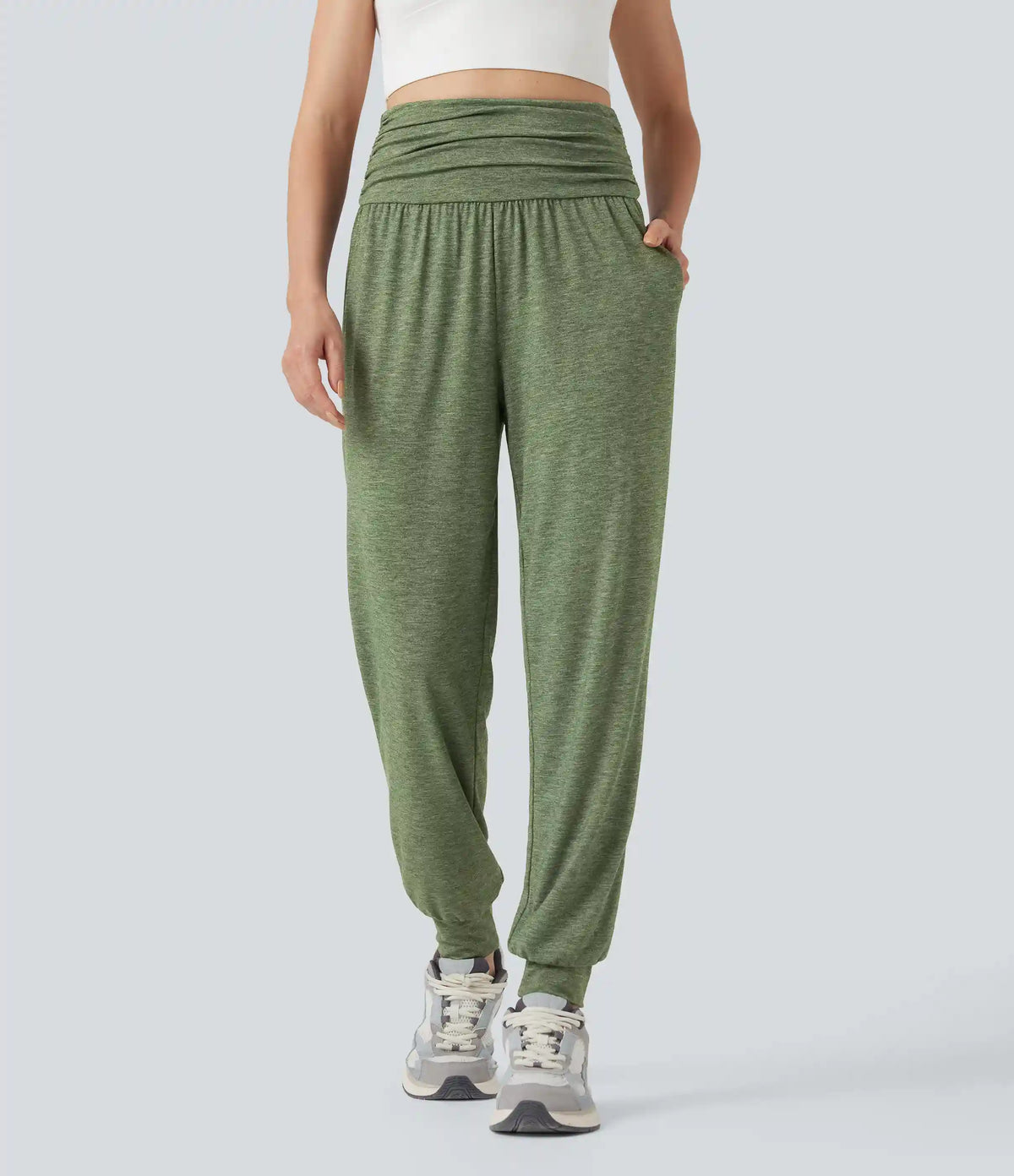 High Waisted Ruched Heathered Yoga Joggers with Pockets