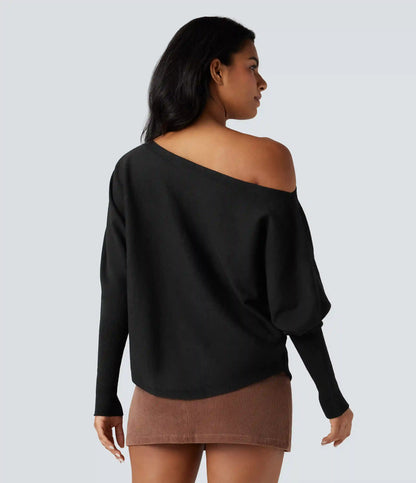 One-shoulder Batwing Sleeve Curved Hem Work Sweater