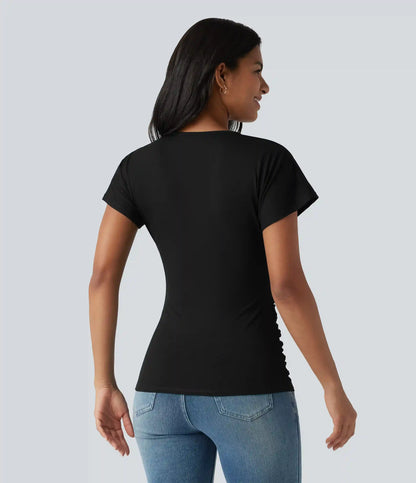 V Neck Short Sleeve Ruched Casual Top