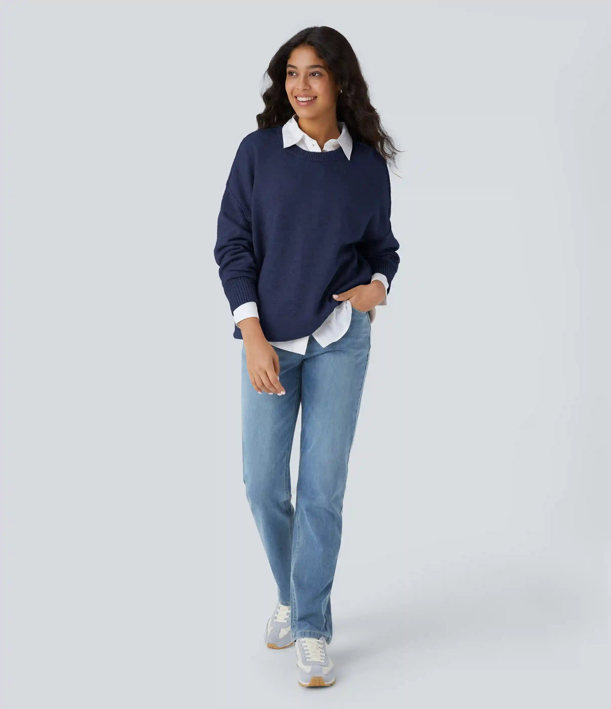 Round Neck Dropped Shoulder Long Sleeve Casual Sweater