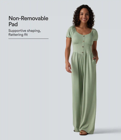 V Neck Puff Short Sleeve Non-Removable Pad Corset Jumpsuit with Pockets
