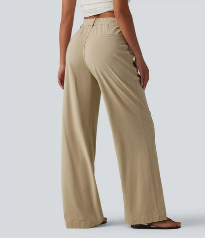High Waisted Straight Leg Casual Stretch Linen Pants with Pockets