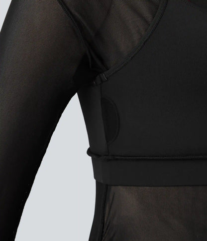 One-shoulder Long Sleeve Thumb Holes Ruched Mesh 2-in-1 Yoga Sports Top