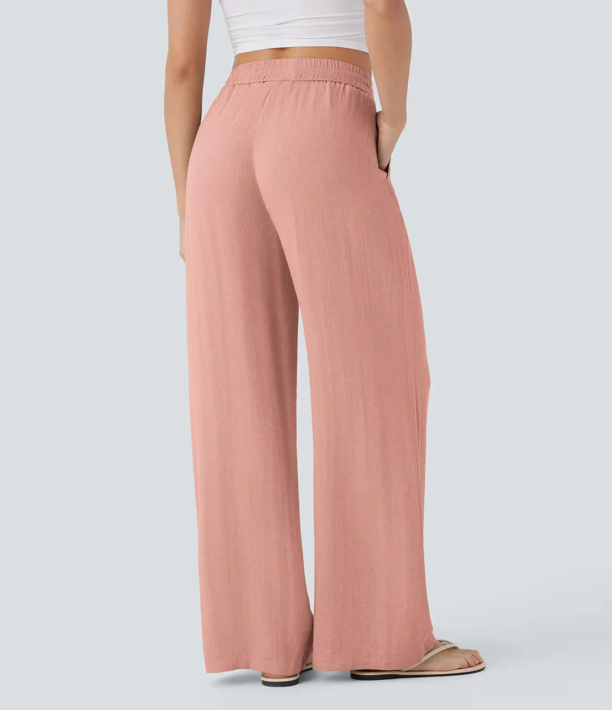 High Waisted Drawstring Pocket Wide Leg Baggy Casual Linen-Feel Pants