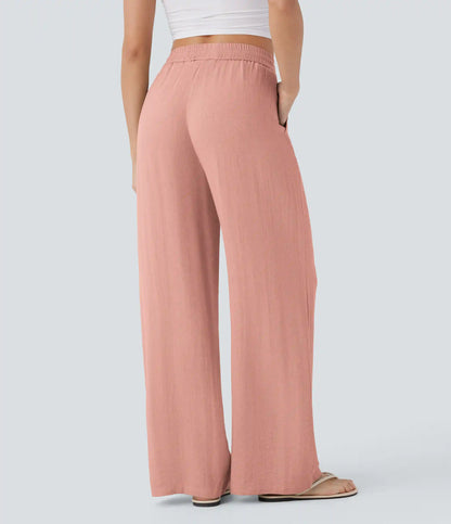 High Waisted Drawstring Pocket Wide Leg Baggy Casual Linen-Feel Pants