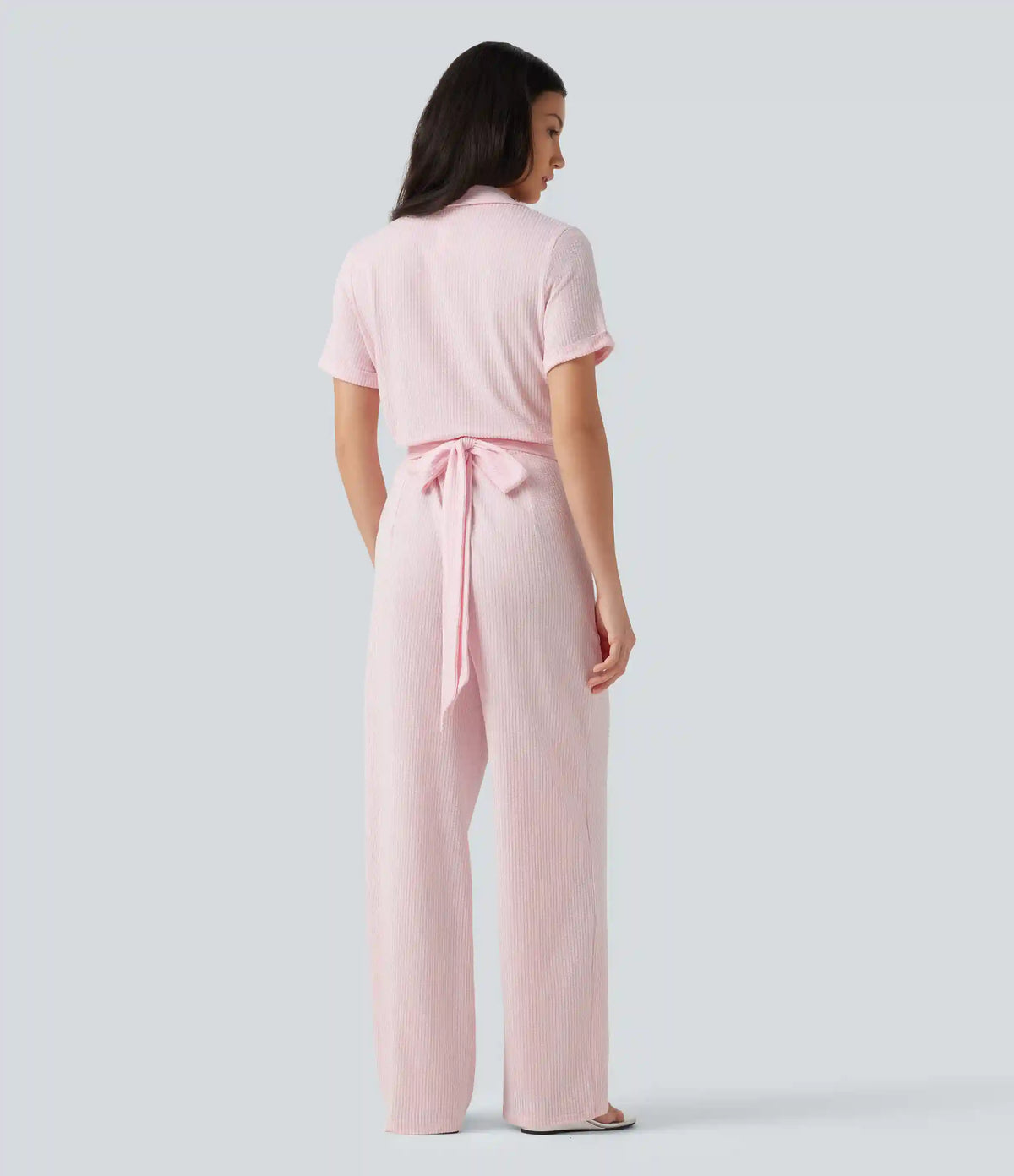 Short Sleeve Wrapped Tie Back Stripe Crinkle Cotton Casual Shirt Jumpsuit with Pockets-Easy Peezy Edition