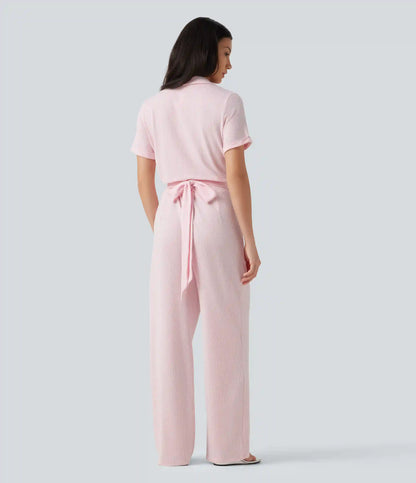Short Sleeve Wrapped Tie Back Stripe Crinkle Cotton Casual Shirt Jumpsuit with Pockets-Easy Peezy Edition