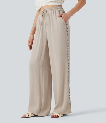 High Waisted Drawstring Casual Linen-Feel Pants with Pockets