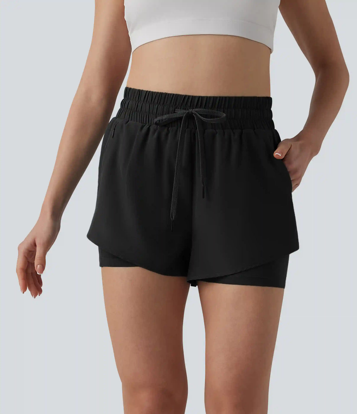 High Waisted Drawstring 2-in-1 Running Shorts with Pockets