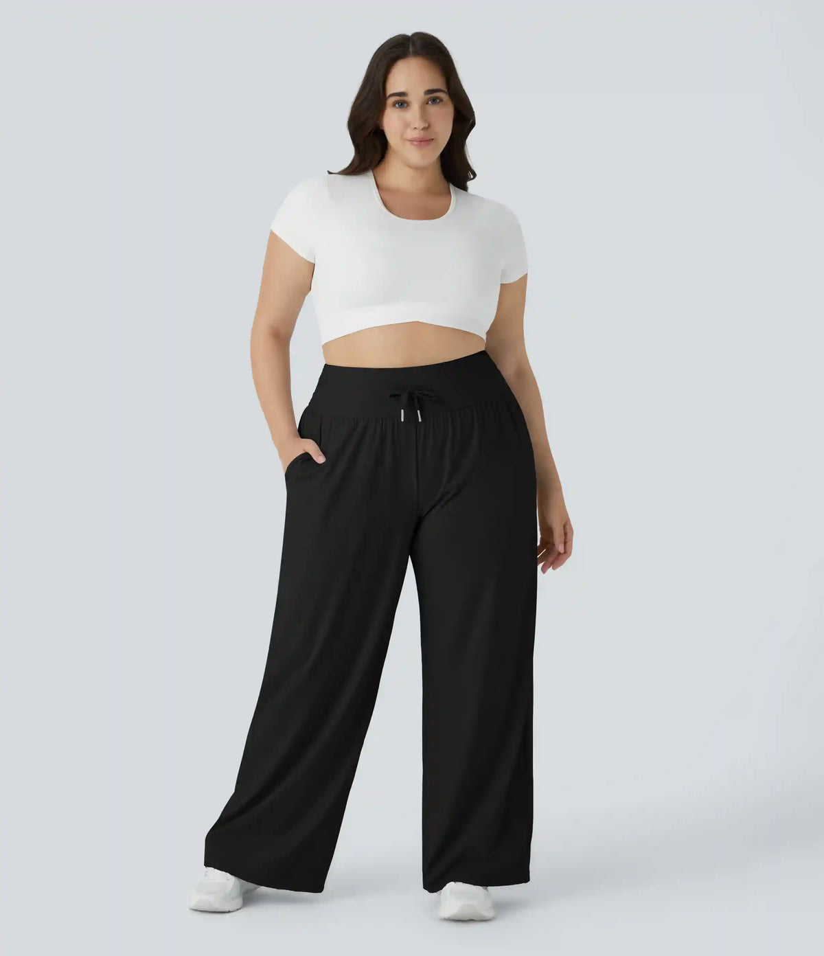 High Waisted Drawstring Pocket Wide Leg InstantCool Casual Plus Size Pants-UPF50+