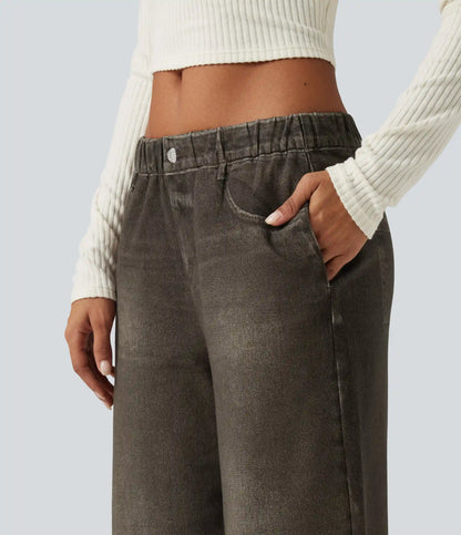 Mid Rise Wide Leg Denim Print French Terry Casual Jeans with Pockets