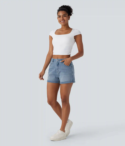 Halara Flex™ Mid Rise Zipper Pockets Denim Casual Shorts 3''