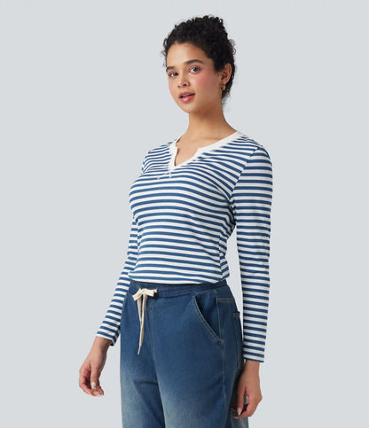 Notched Long Sleeve Stripe Casual Top