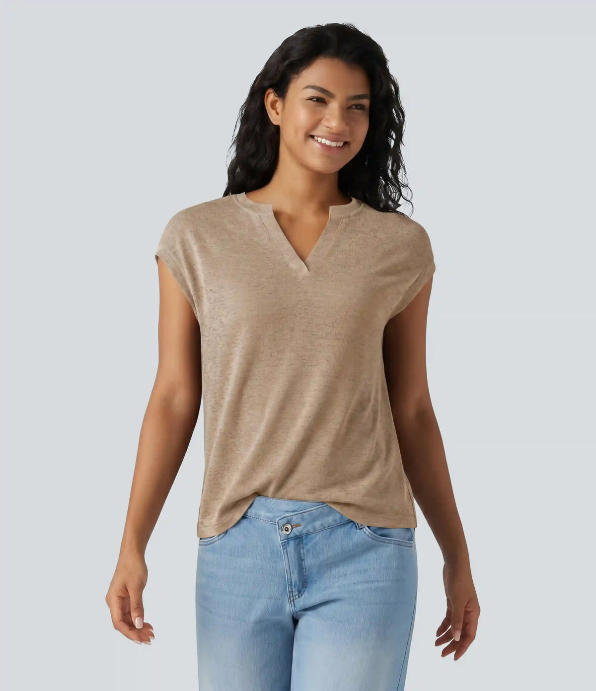 Semi Sheer Notched Short Sleeve Casual T-Shirt