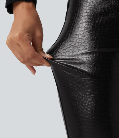 High Waisted Snakeskin Print Stretchy PU Fleece Casual Leggings with Pockets