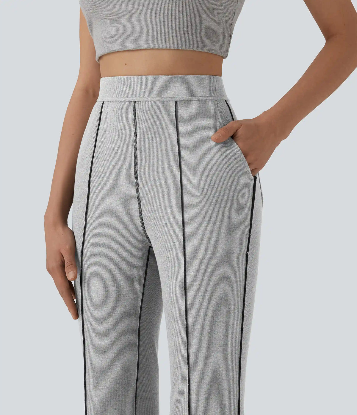 High Stretch Ribbed Knit High Waisted Color Block Top-stitching Casual Flare Leggings with Pockets