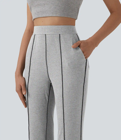 High Stretch Ribbed Knit High Waisted Color Block Top-stitching Casual Flare Leggings with Pockets