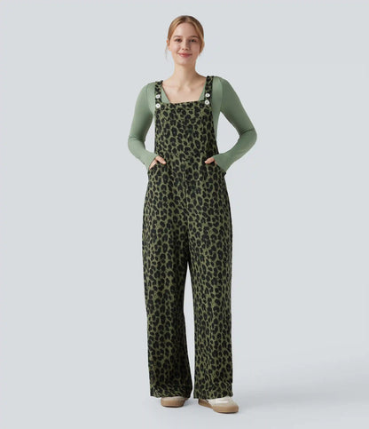 Leopard Print Waffle Casual Overalls with Pockets