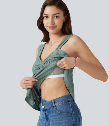 Ruched Drawstring Built-in Bra Eyelet Casual Tank Top
