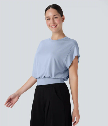 Round Neck Short Batwing Sleeve Work T-Shirt