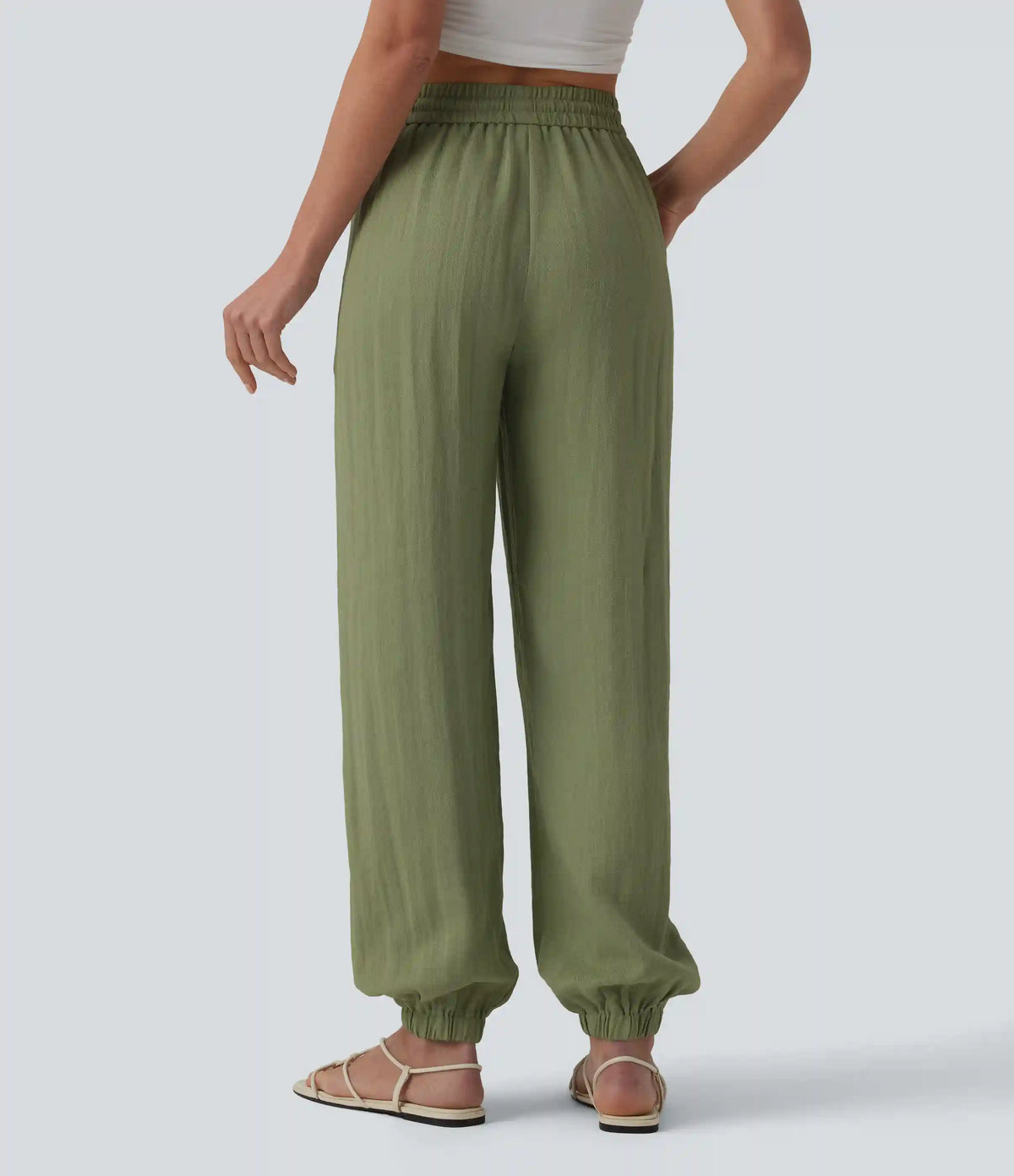High Waisted Drawstring Wide Leg Casual Linen-Feel Joggers with Pockets