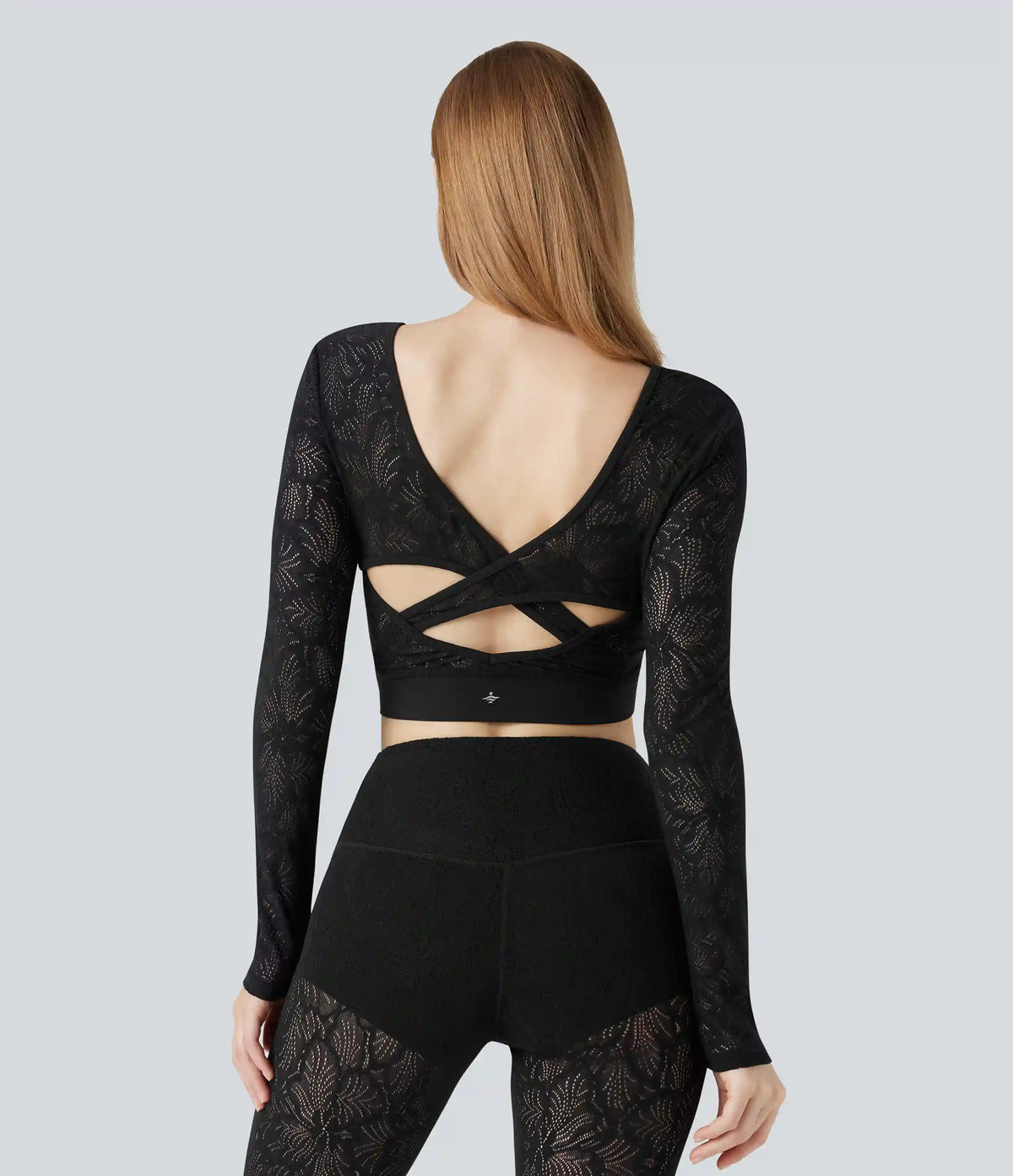 SoftlyZero™ Contrast Lace Crossover Hem Long Sleeve Cropped Yoga Sports Top