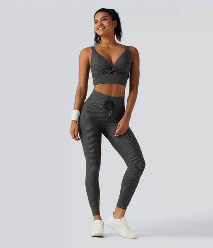 High Waisted Drawstring Stripe Yoga Leggings with Pockets