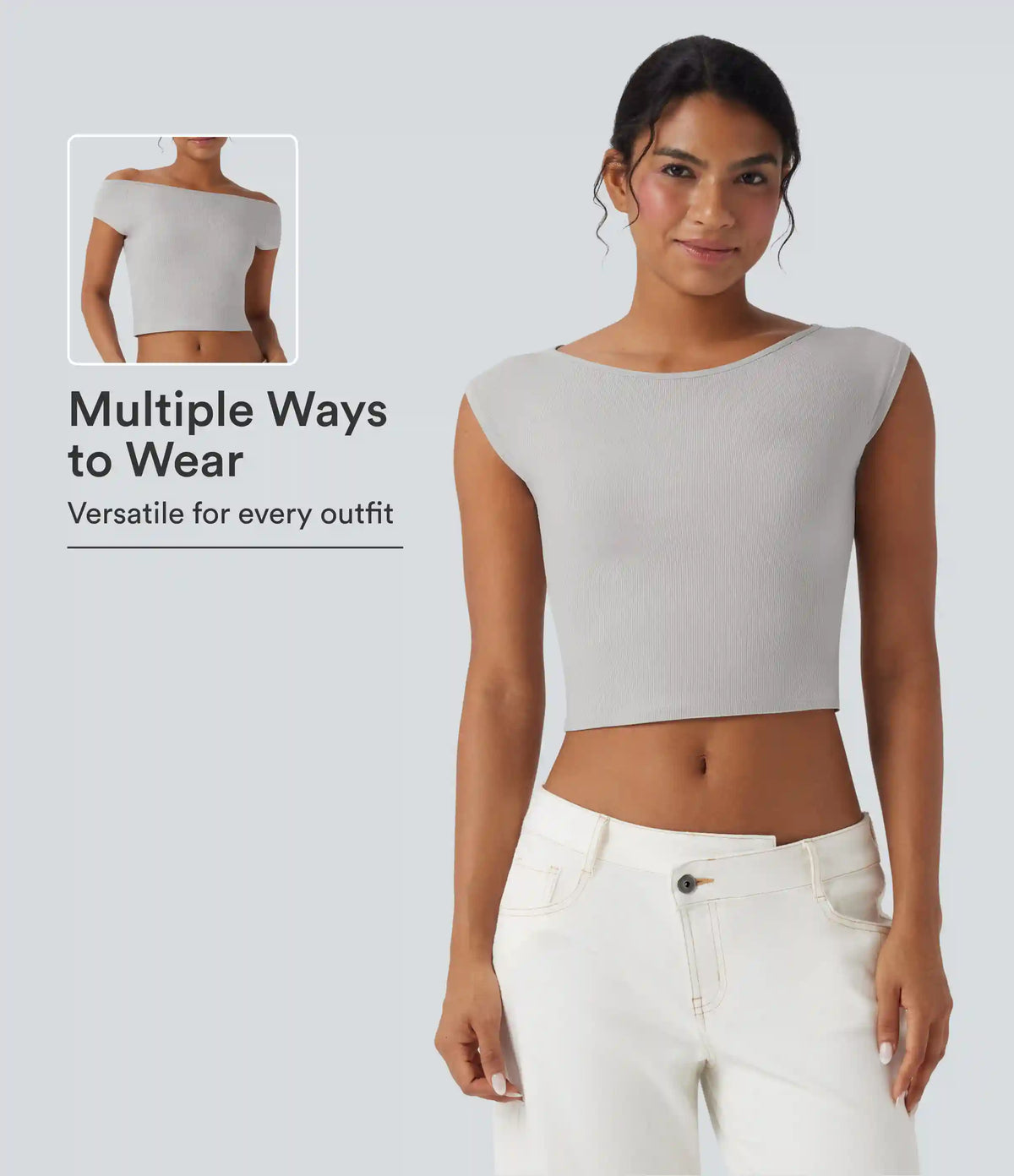 Ribbed Knit Boat Neck Short Sleeve Cropped Casual Top