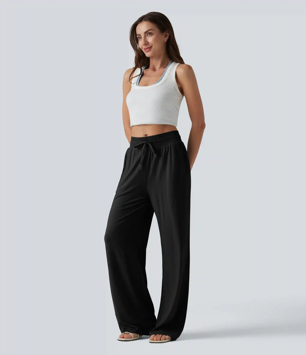 Mid Rise Drawstring Casual Baggy Pants with Pockets