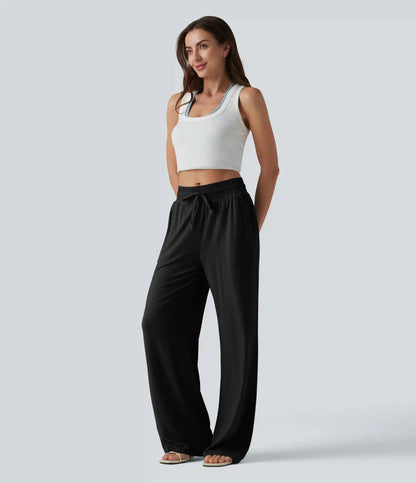 Mid Rise Drawstring Casual Baggy Pants with Pockets