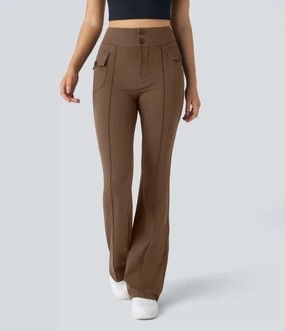 High Waisted Side Flap Pocket Flare Casual Cargo Pants