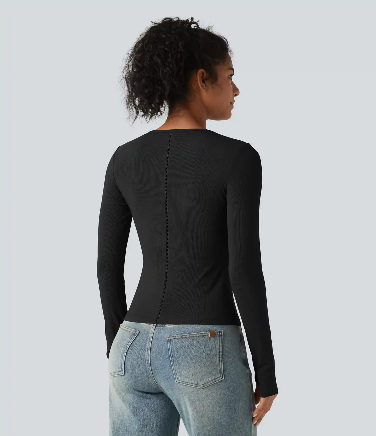 Ribbed Knit Round Neck Long Sleeve Thumb Holes Cut-out Casual T-Shirt