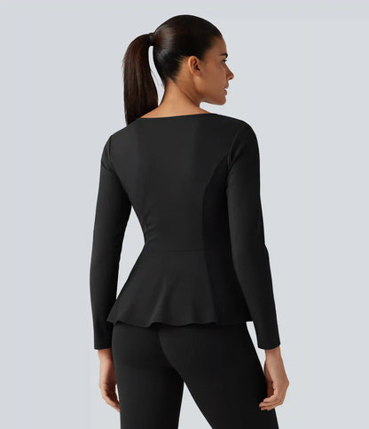 SoftlyZero™ Plush V Neck Long Sleeve Slim Ruffle Hem Yoga Jacket with Pockets