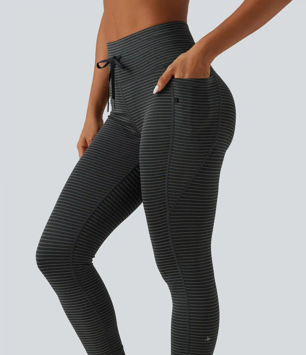 High Waisted Butt Lifting Drawstring Stripe Yoga Leggings with Pockets