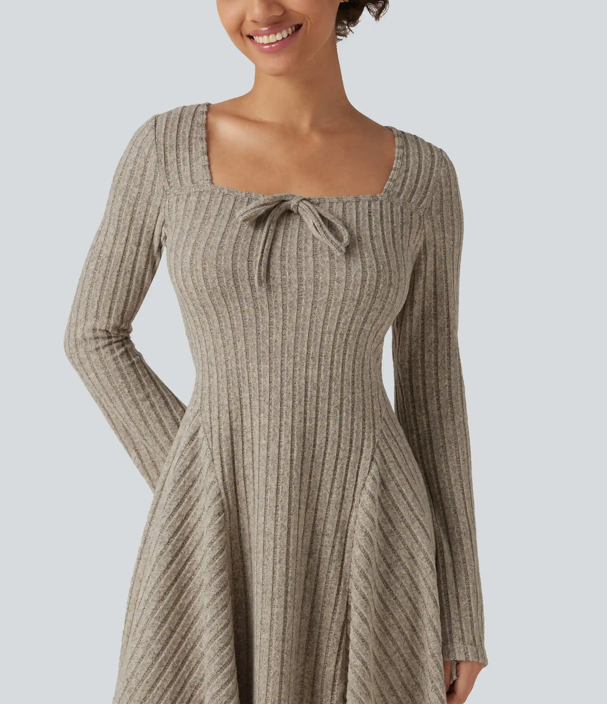 Ribbed Knit Square Neck Flounce Long Sleeve Decorative Knot Flare Mini Casual Dress