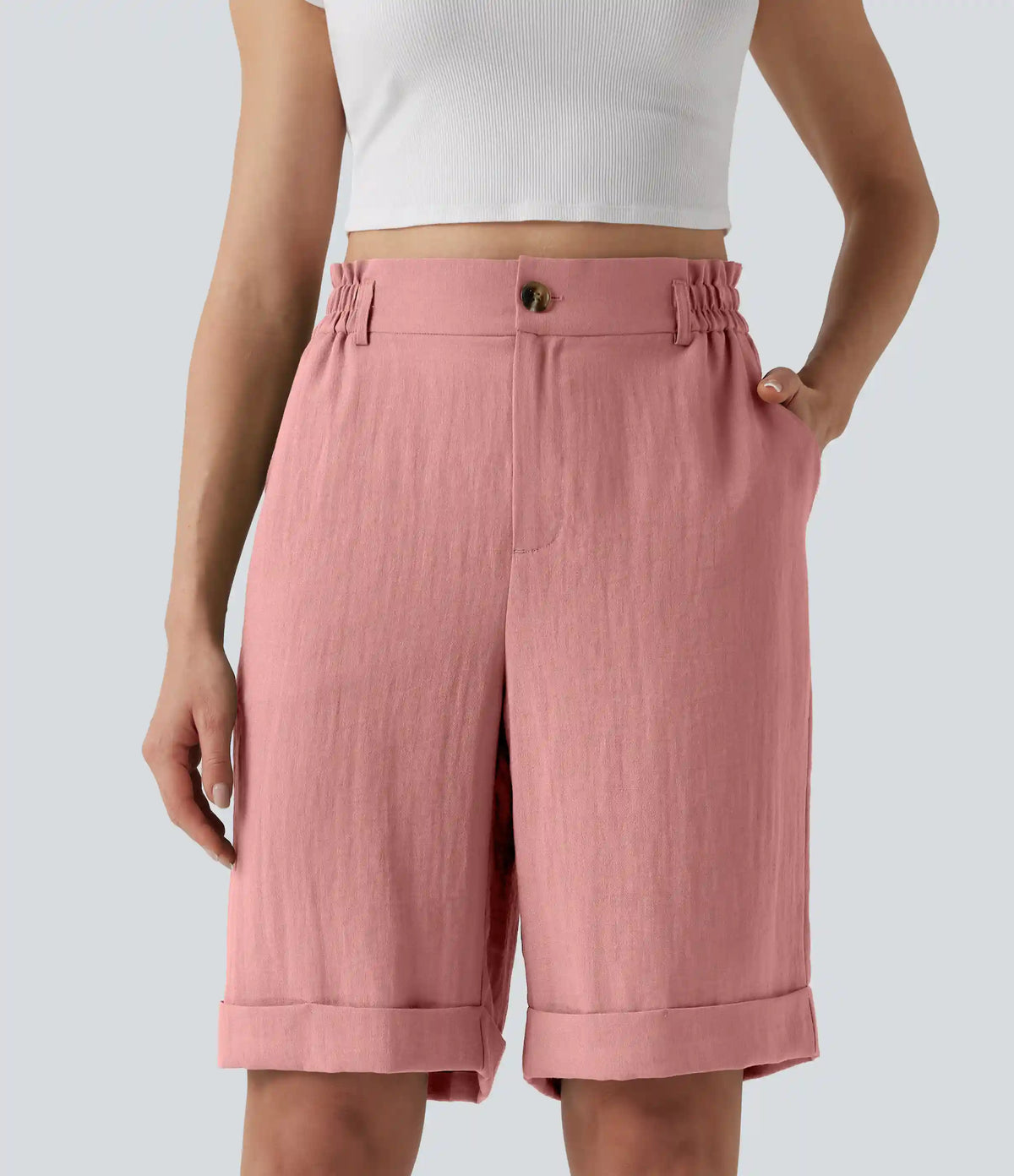 High Waisted Rolled Hem Linen-Feel Resort Bermuda Shorts 10'' with Pockets
