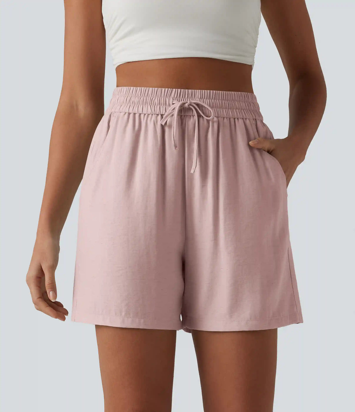 High Waisted Drawstring Casual Linen-Blend Baggy Shorts 5'' with Pockets