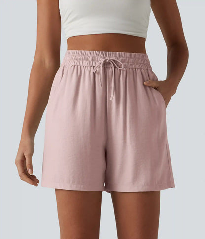 High Waisted Drawstring Casual Linen-Blend Baggy Shorts 5'' with Pockets