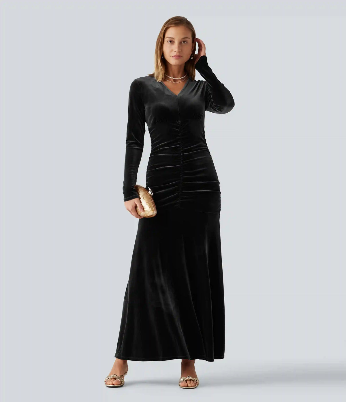 V Neck Long Sleeve Ruched Bodycon Velvet Party Maxi Dress