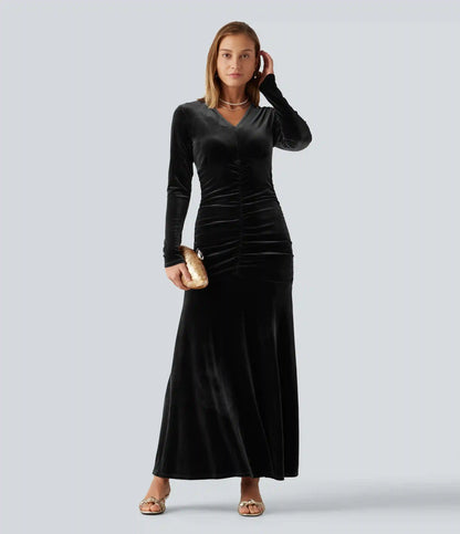 V Neck Long Sleeve Ruched Bodycon Velvet Party Maxi Dress