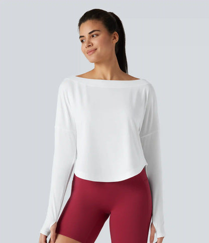 One Shoulder Long Sleeve Thumb Hole Curved Hem High Low Quick Dry Yoga Sports Top