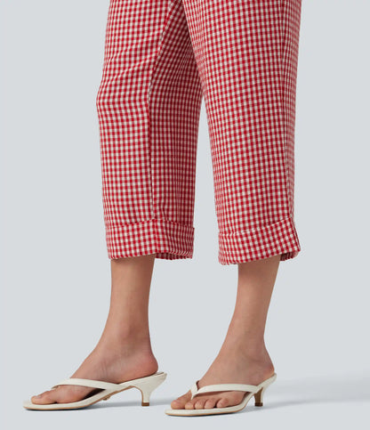 High Waisted Cropped Plaid Casual Linen-Feel Pants with Pockets