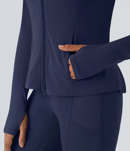 SoftlyZero™ Hooded Long Sleeve Thumb Hole Pleated Jacket with Pockets